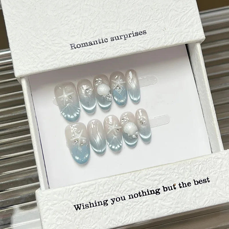 10PCS Handmade Press on Nails Summer Blue Ocean Mernmaid Midium Fake Nails Wearable INS Style Nails Art For Women Girls Party