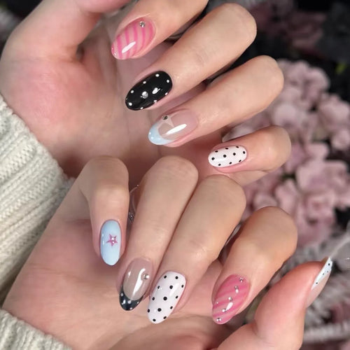 10pcs Handmade Press On Nails Black White Wave Point French Style Almond Fake Nails with Stars Pattern False Nail Art For Girls