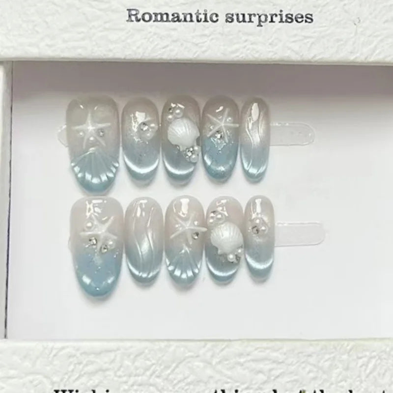 10PCS Handmade Press on Nails Summer Blue Ocean Mernmaid Midium Fake Nails Wearable INS Style Nails Art For Women Girls Party